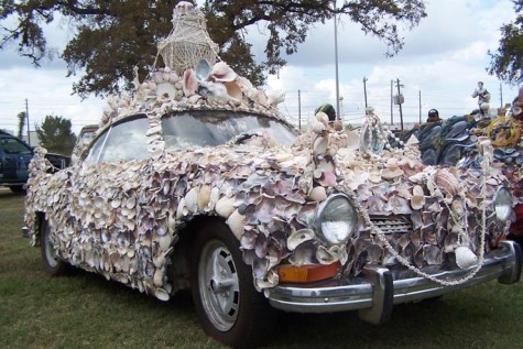 Covered in seashells, 'MiShell', a 1973 VW Karmann Ghia, by artist Kathaman, is one of the many pieces of remodeled cars exhibited at the Art Car Museum 