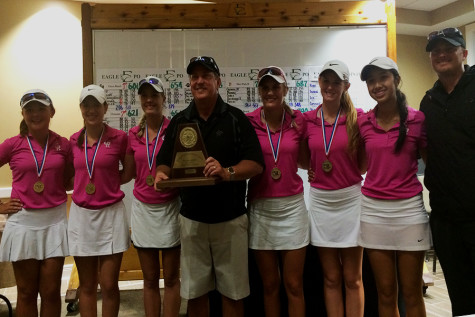 From left to right Madison Goldblum, Sara Kelley, Alexis Kollmansberger, Head Coach Rick Nordstrom, Maddie Luitwieler, Katy Rutherford, (Medalist) Sarah Zimmerle, and Assistant Coach Kevin Hildebrand pose with their medals and plaque. Girls will play in the 6A conference at University of Texas Golf club April 27th-28th.