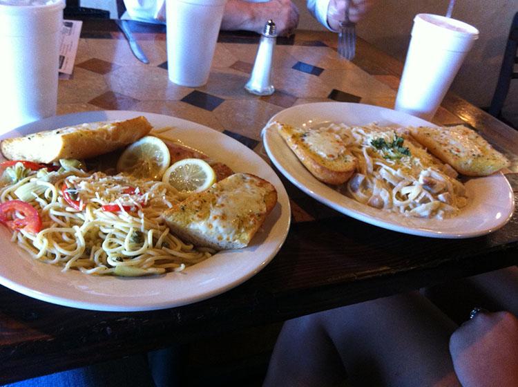 On the left is Elizabeths meal,chicken piccatta. On the right, Fetticini Alfredo. Our chicken was overcooked but the garlic bread was great.
