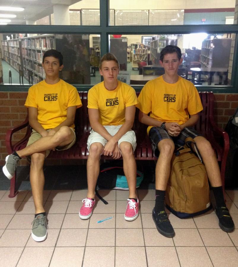 Sophomores Alejandro Cstikovits, Cameron Crocket, and Ben Butler contemplate their lives after being dress coded.