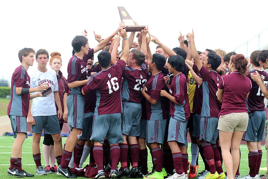 The varsity boys soccer team celebrates their overtime 2-1 victory over Aldine HS on Saturday, April 11. This Fridays state semi-final match will be the boys first time advancing to that level since 2008.
