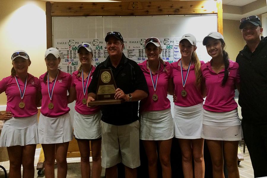 From left to right Madison Goldblum, Sara Kelley, Alexis Kollmansberger, Head Coach Rick Nordstrom, Maddie Luitwieler, Katy Rutherford, (Medalist) Sarah Zimmerle, and Assistant Coach Kevin Hildebrand pose with their medals and plaque.
Girls will play in the 6A conference at University of Texas Golf club April 27th-28th.