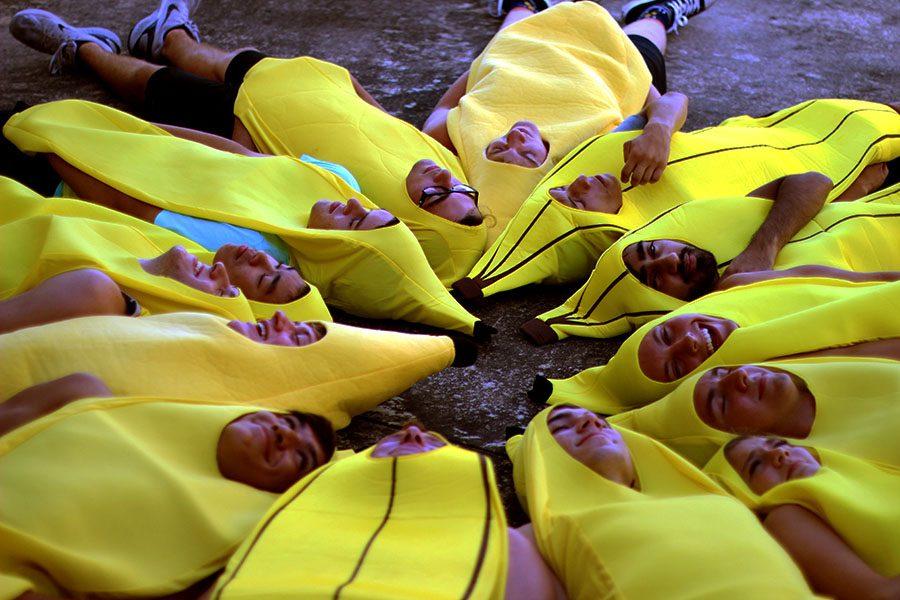 A group of fourteen students dressed as a bunch of bananas for Twin Day. Other spirit days during homecoming week included college day, decades day and mum and garter day. 