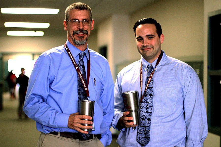 Government teacher Derek Spier and World History teacher Peter Neumann dressed the same for twin day. Faculty as well as students are encouraged to participate in theme days. 