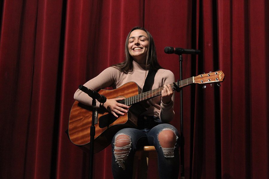 Senior Skye Palominos solo, The Girl by City in Color includes both her voice and guitar. Coffee House allows students to display their many talents.