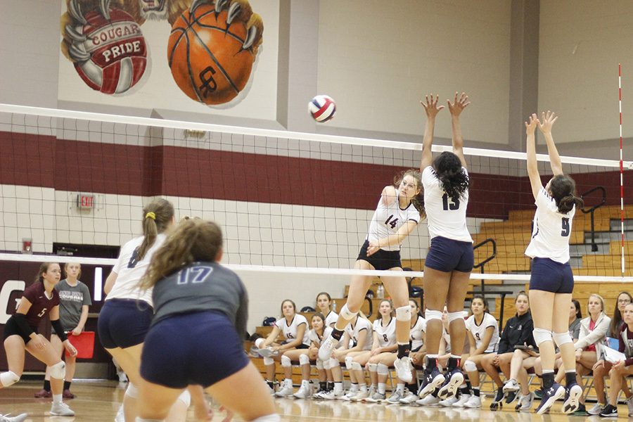 The Cougars controlled the net in the Division 3 match against Tomball Memorial Thursday. Strong frontline play helped Cinco advance to the Gold bracket semi-final round Saturday at Katy High School in the KISD-Cy-Fair Tournament.