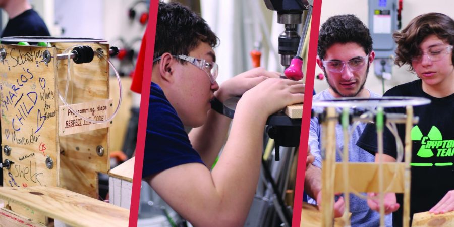(From left to right):
An early wooden prototype of the robot’s hopper mechanism, which takes balls from the floor to the shooter.
Freshman William Lu machines a part on a drill press.
Juniors Mateo Cannata and Sebastian Martinez discuss the hopper prototype.