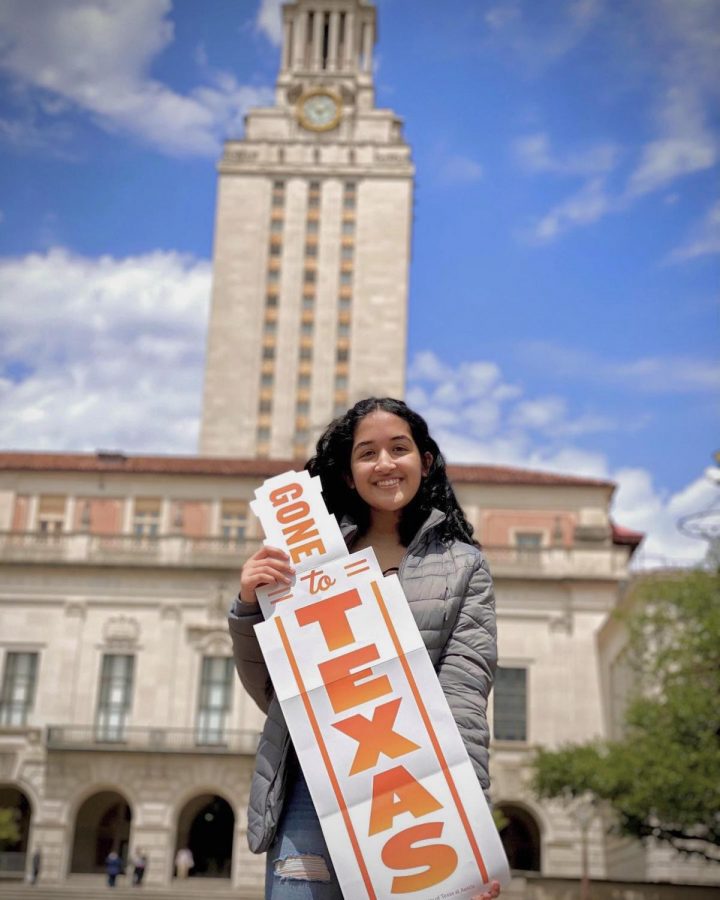 Salutatorian+Zara+Shipchandler+poses+in+front+of+the+University+of+Texas+at+Austin+tower+on+April+18%2C+2021.